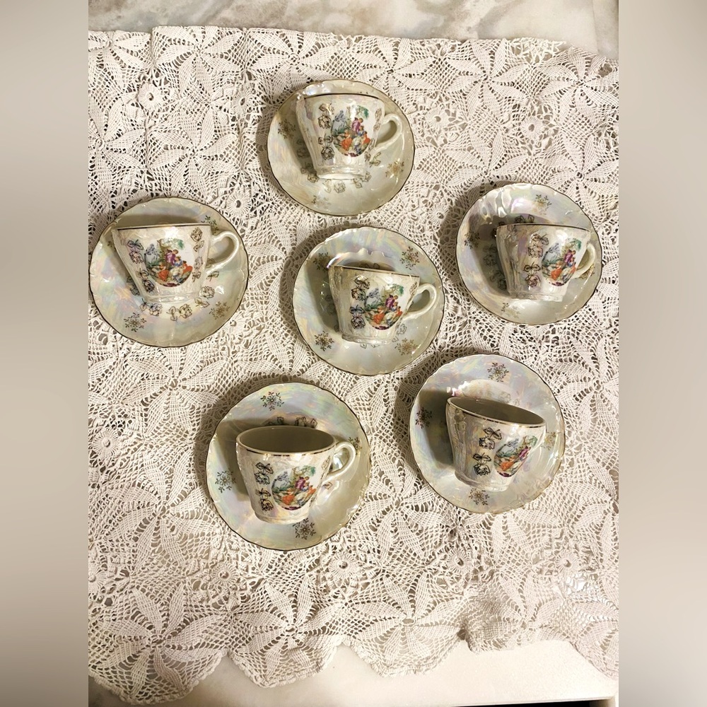 Vintage Lusterware Teacups and Saucers, Courting couple, Fragonard, (6Available)